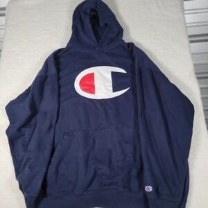 Champion Hoodie Mens 3XL Navy Blue Big Logo Pullover Fleece‎ Sweatshirt Athletic